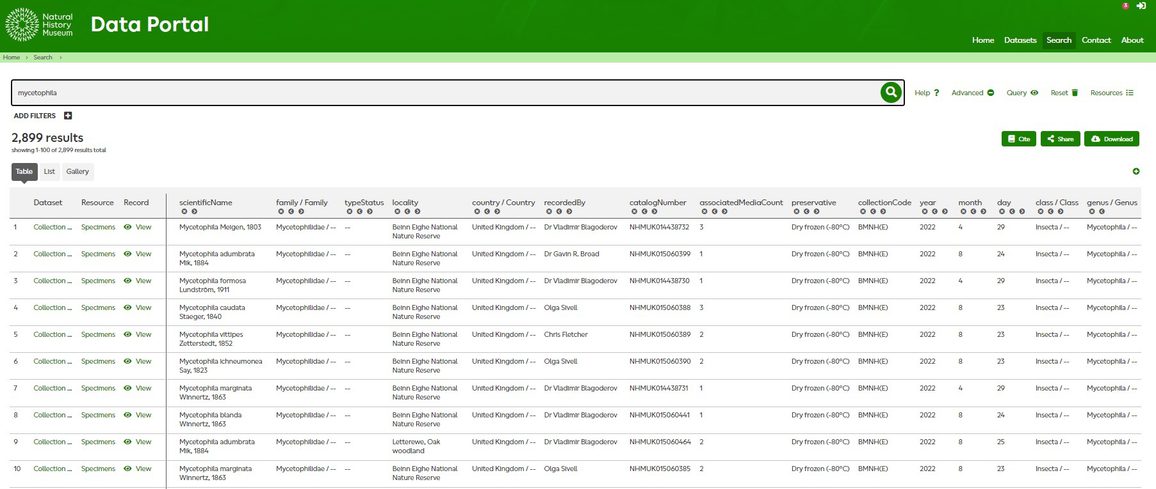 The interface of the Natural History Museum's Data Portal